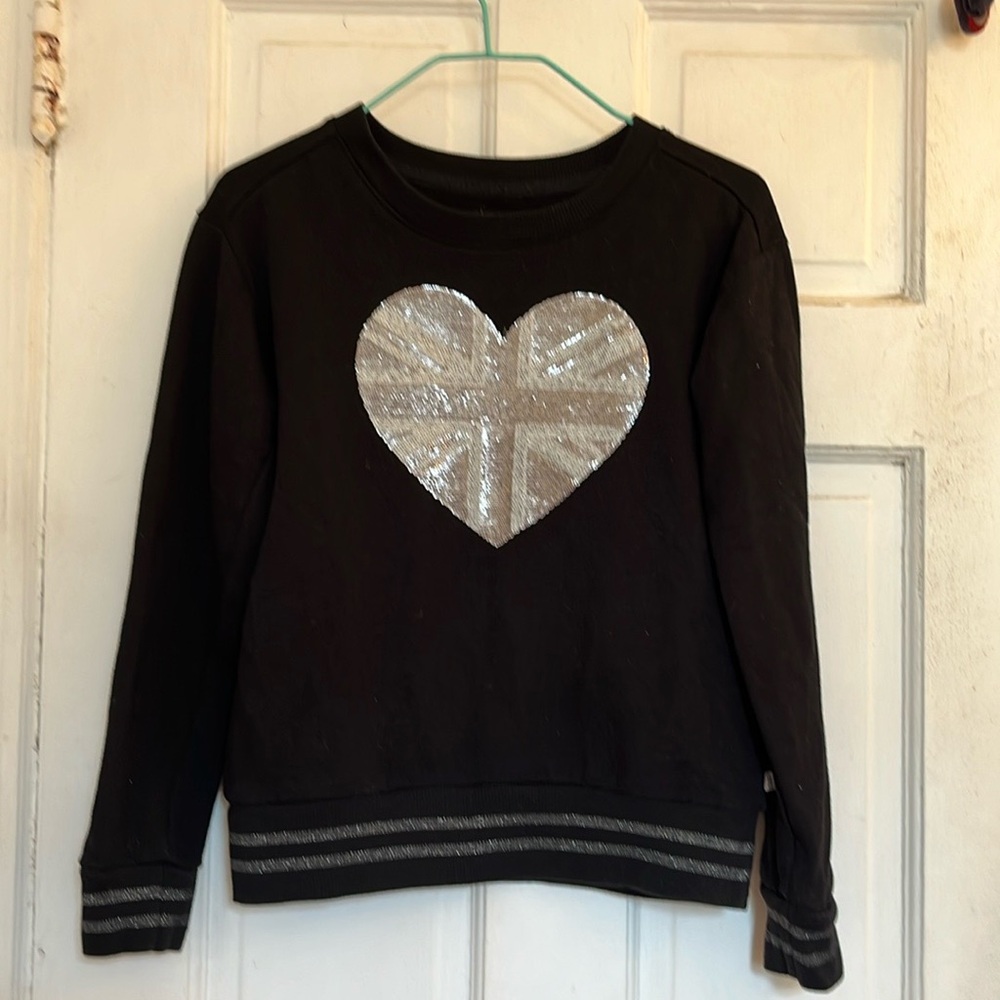 Gap girls black Union Jack sequin heart sweatshirt in size large 10-12